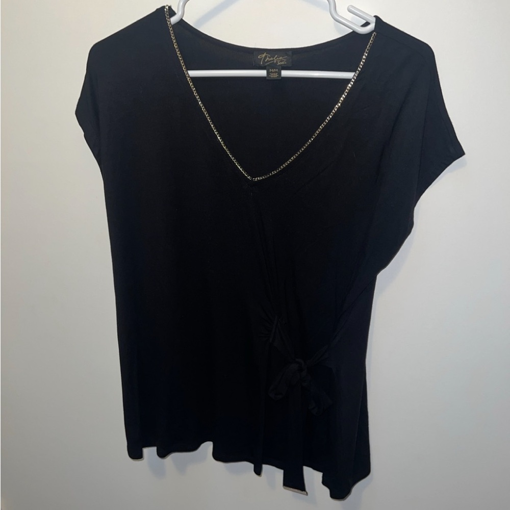 Thalia Sodi Black Chain-Trim V-Neck Blouse with Side Tie Size M